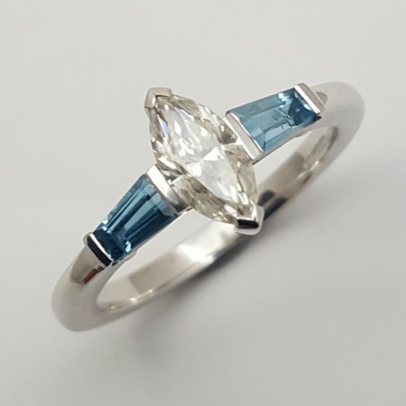 Package B: 18ct white gold with marquise moissanite and blue topaz tapered bagettes.