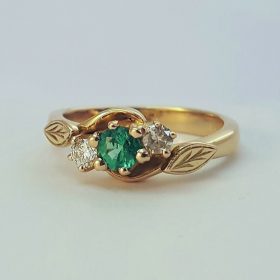 Handmade engagement rings - Package C: 18ct rose gold twist leaf ring with green emerald and diamond